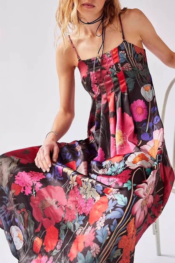 Vintage Oil‑Painting Floral Spaghetti Strap Maxi Dress