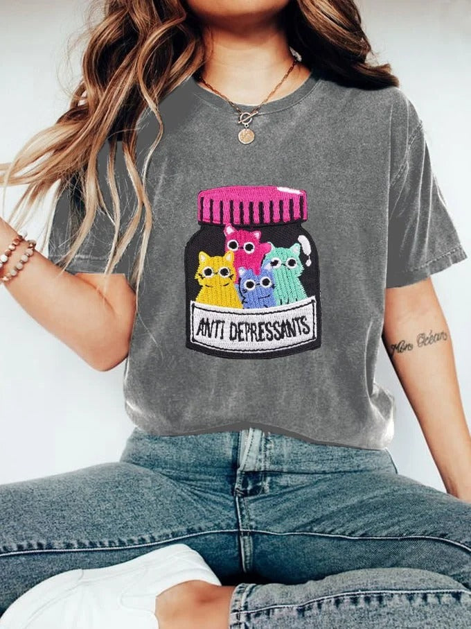 Women's Fun Cat Anti Depressants Mental Health Print T-Shirt