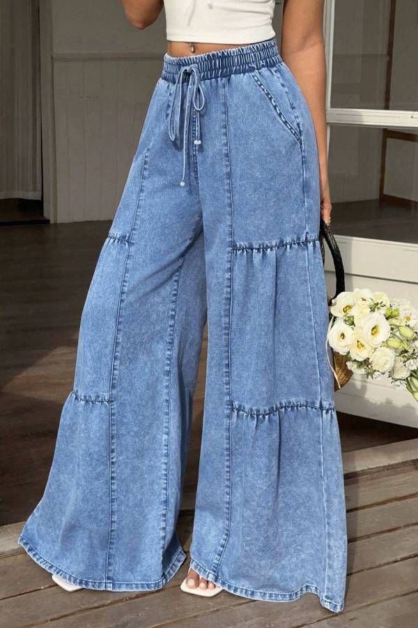 Elastic Waist Ruffle Patchwork Denim Wide Leg Pants