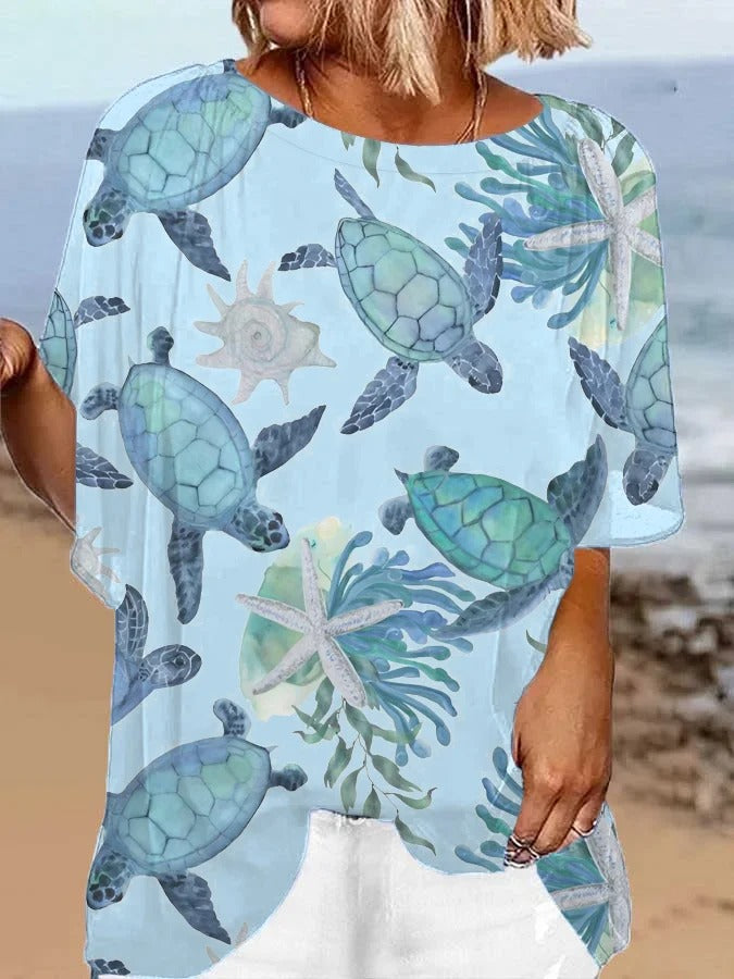 Women's Hawaiian Turtle Print Resort Casual Shirt