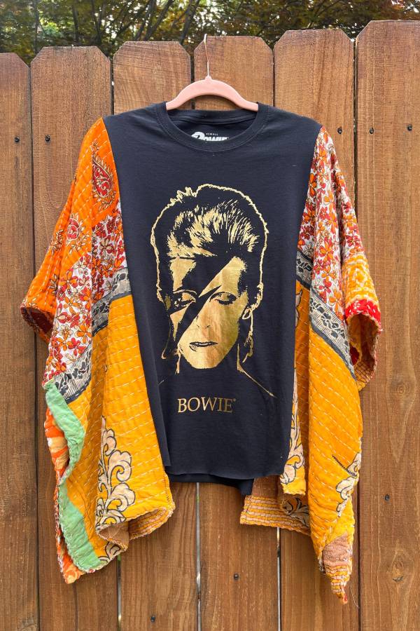David Bowie Kantha Quilt Patchwork Batwing Sleeve T‑Shirt