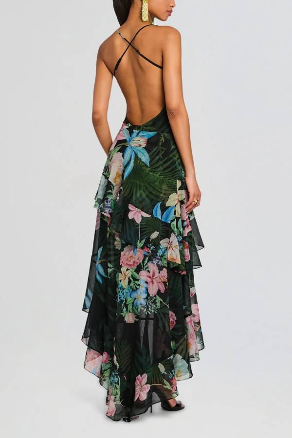 Vacation Floral Print Spaghetti Strap Backless Asymmetrical Ruffle Maxi Dress