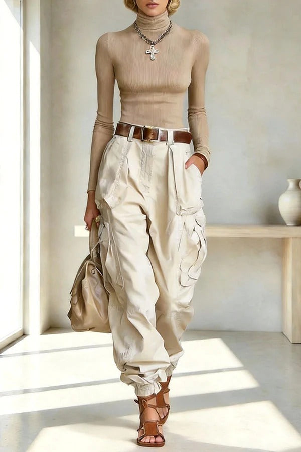 Street Style Solid Color High Waist Pocketed Loose Fit Cargo Pants