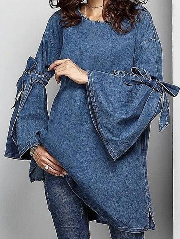 UR Fashion Plain Tie Arm Trumpet Sleeve Denim Shirt