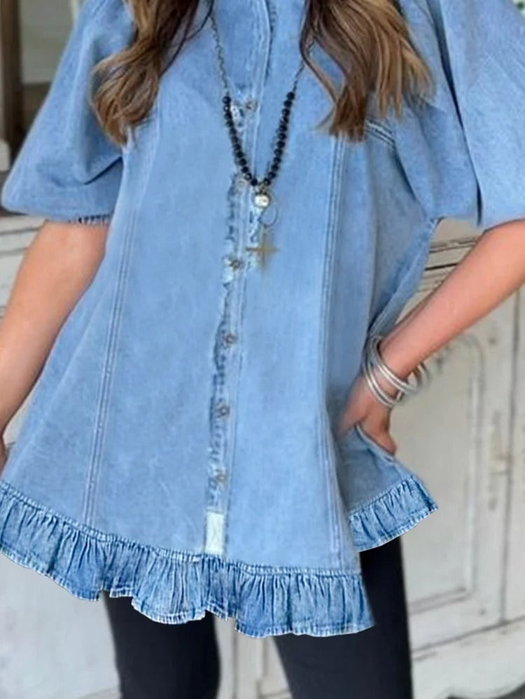 UR Casual Plain Lapel Collar Puff Sleeve Ruffle Hem Shirt