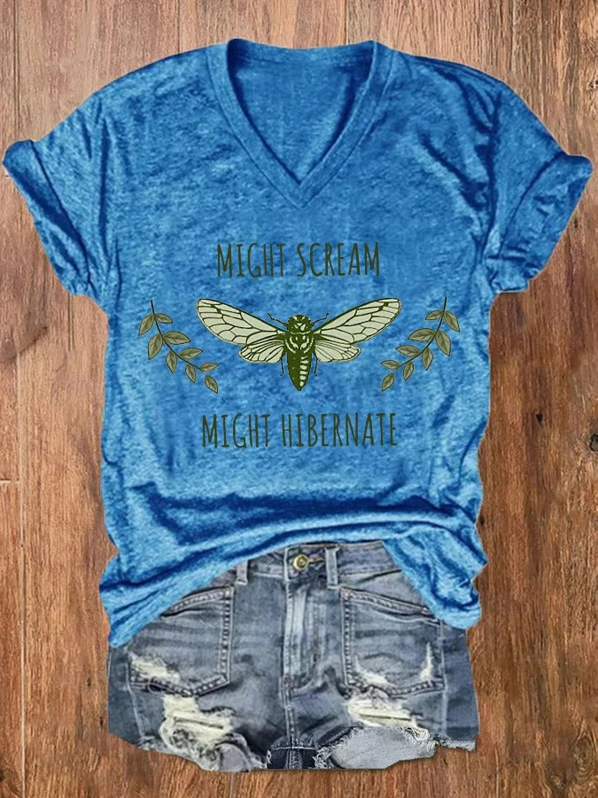 Women's The Great Cicada Comeback Tour 2024 Might Scream Might Hibernate V-Neck Tee