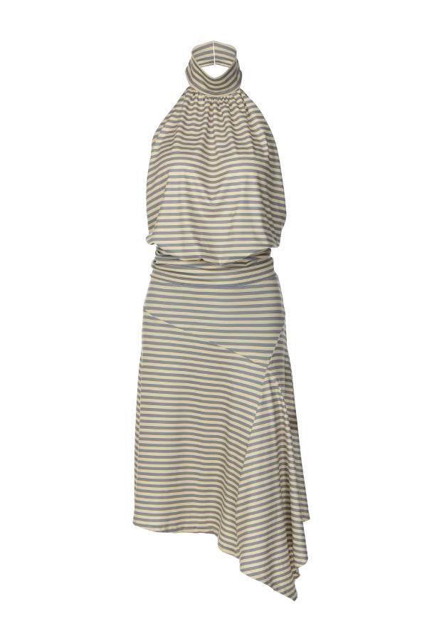 Striped Halter Open Back Crop Top & Irregular Draped Midi Skirt Two Piece Set