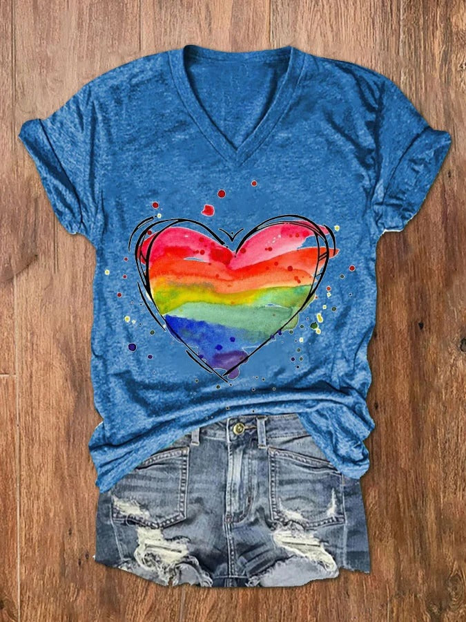 Women's Watercolor Love Heart Rainbow Print V-Neck T-Shirt