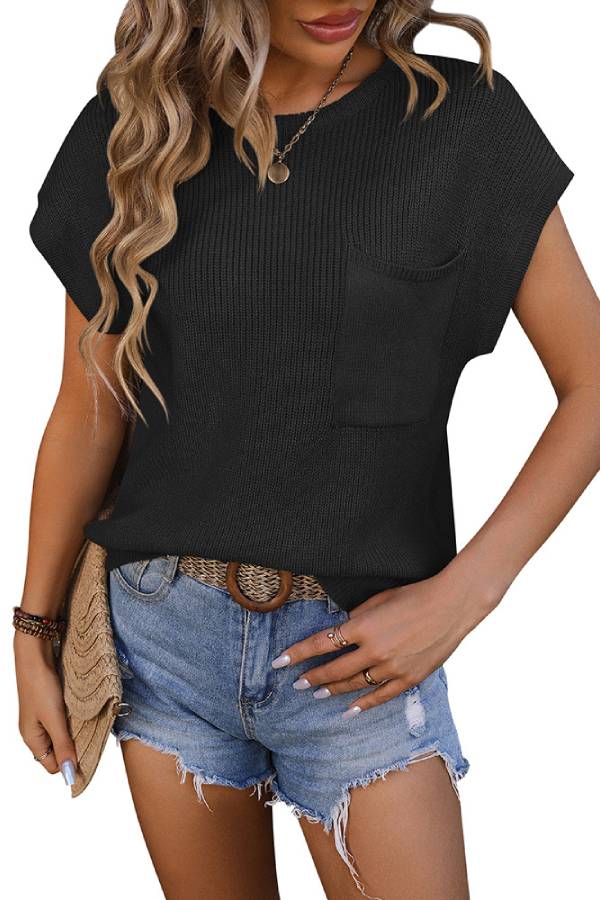 Crew Neck Pocket Batwing Short Sleeve Knit Top