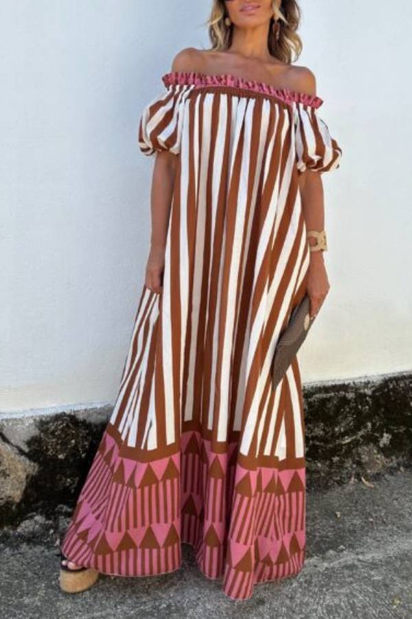 Off Shoulder Puff Sleeve Striped Geometric Print Loose Maxi Vacation Dress