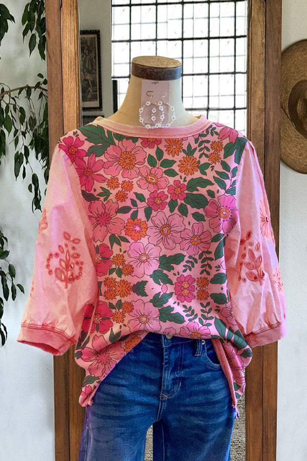 Casual Puff Sleeve Stitching Flower Print Top