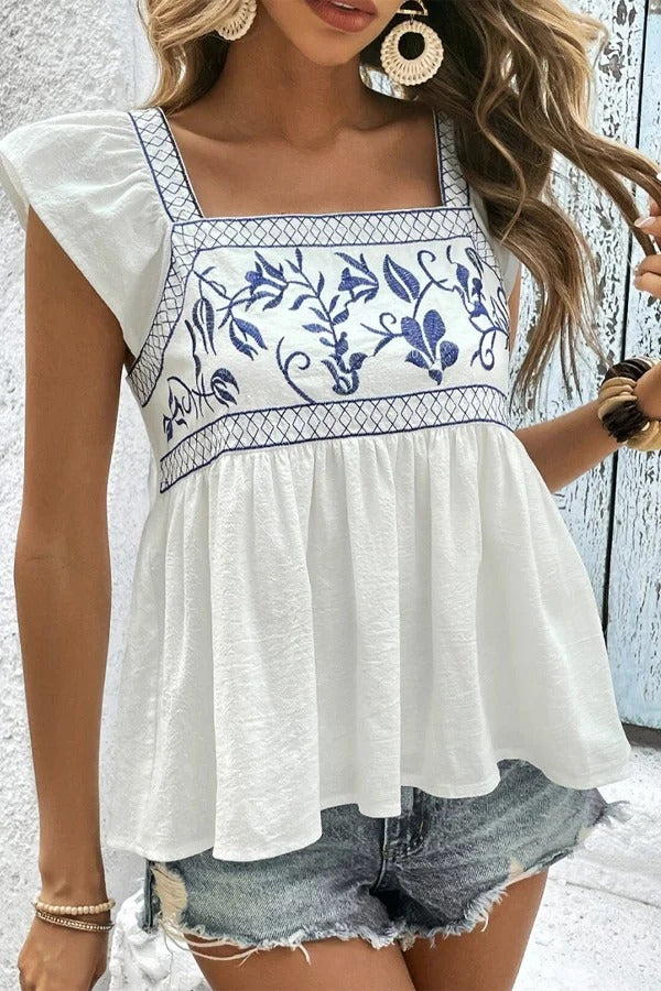 Floral Embroidered Square Neck Top