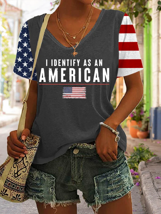 Women's I Identify As An American Print V Neck T-shirt