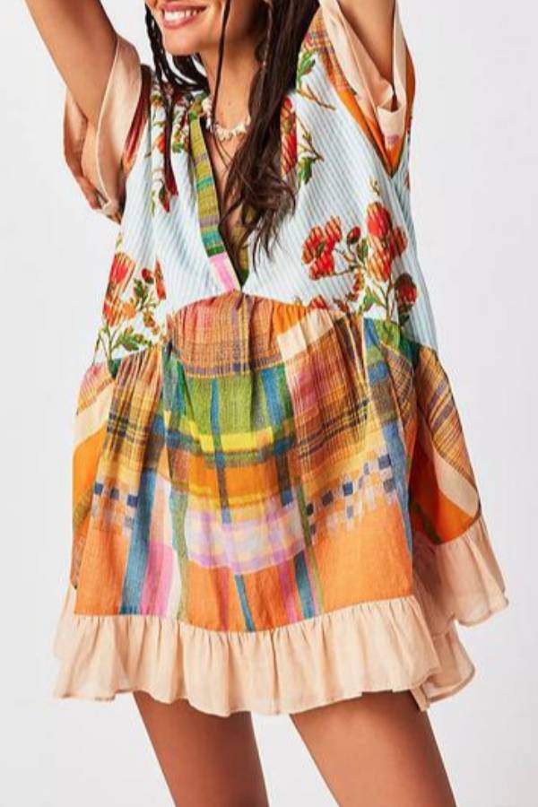 Multi-Print V-Neck Ruffle Loose Bohemian Mini Dress