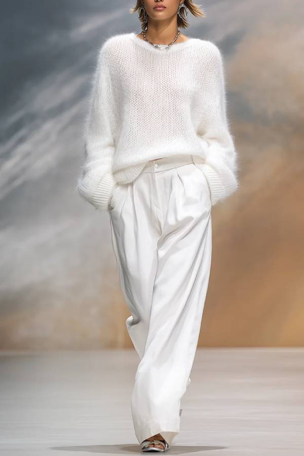 Elegant Solid Color Round Neck Loose Pullover Sweater