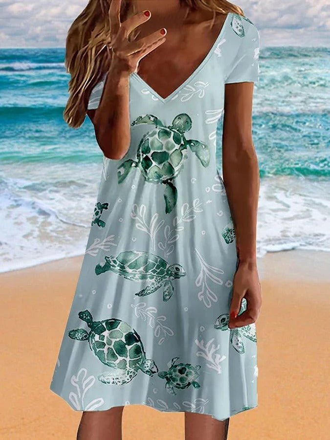 Women's Hawaiian Turtle Print V-Neck Resort Dress