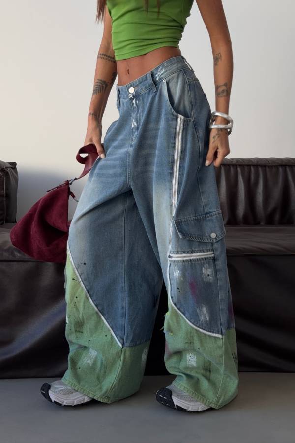 Street‑Style Color‑Block Graffiti Wide‑Leg Cargo Jeans