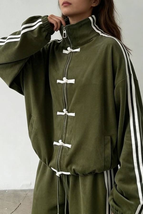 Chinese Frog Button Striped Tracksuit Two‑Piece Set