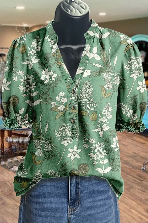 Vintage Floral Print V-Neck Top