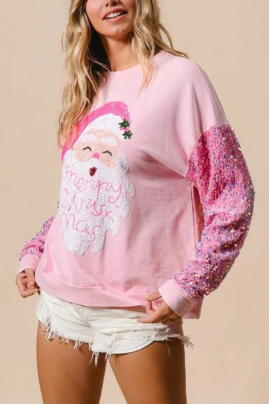Pink Big Santa Sequin Sleeve Sweatshirt