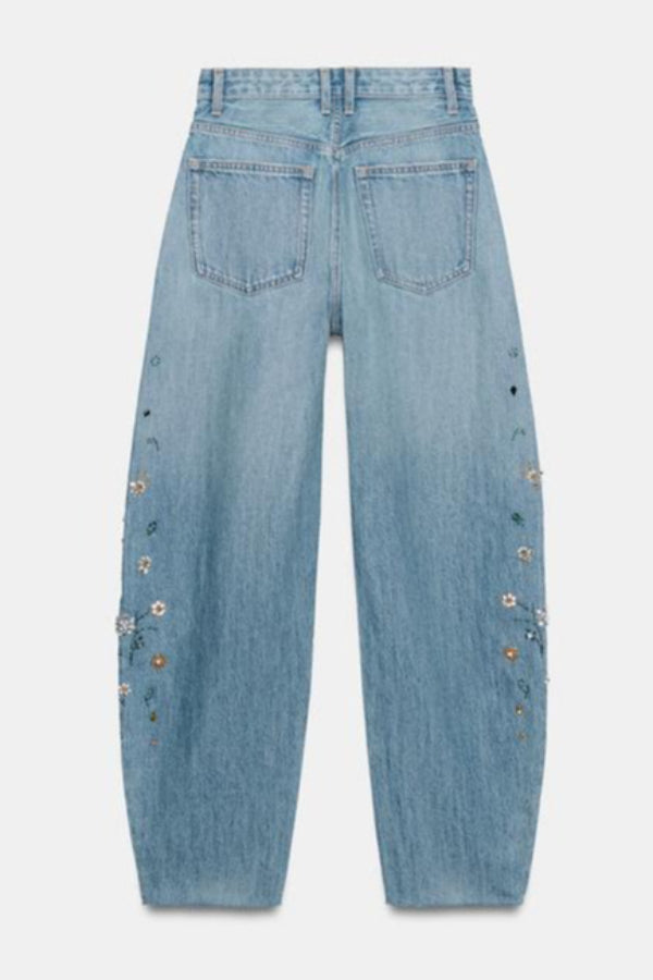 TRF HIGH RISE EMBROIDERED BARREL JEANS