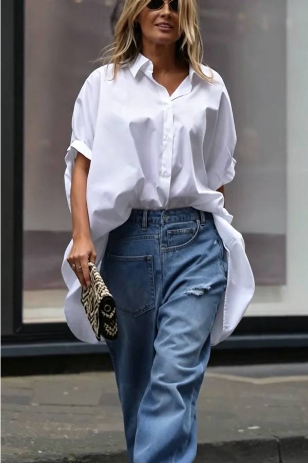 Tania Cotton Blend Button Up Wide Sleeve Oversized Long Shirt
