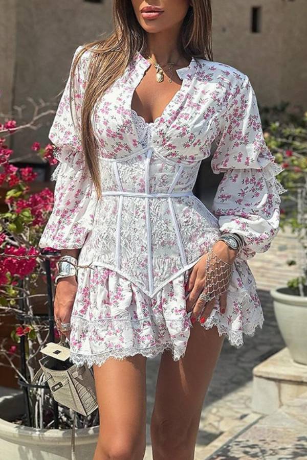 Floral Lace Corset Long Sleeve Mini Dress