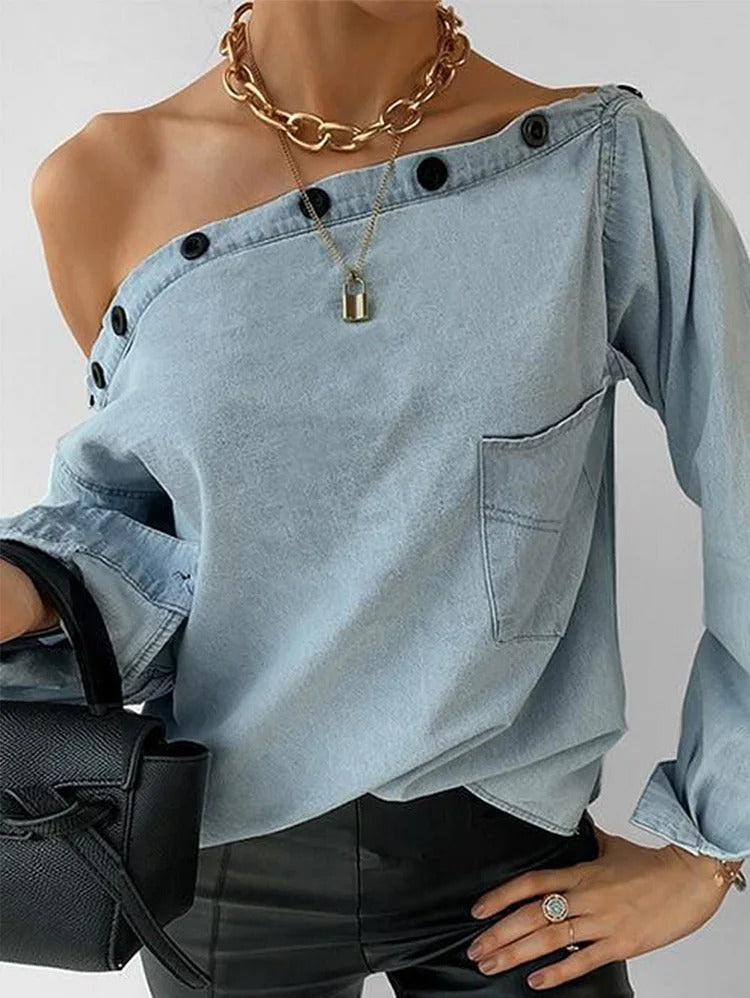 UR Casual Light Blue Button Neck Off Shoulder Long Sleeve Denim Shirt