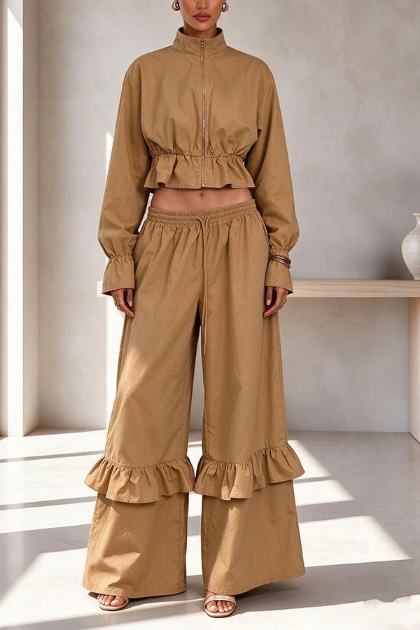 Sporty-style Zipper Flare Hem Jacket and Elastic Waist Ruffle Trim Loose Pants Set