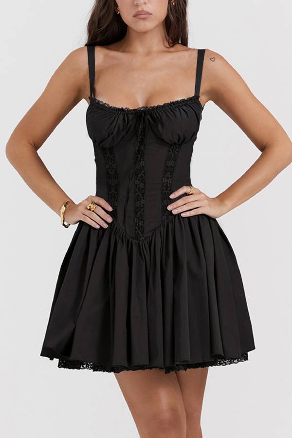 Lace Corset Waist Cami Mini Dress, Ruched Bust Flared Skirt Going Out Dress
