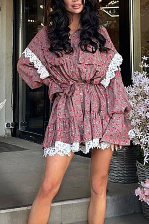 Ditsy Floral Lace Trim Waist‑Tie Shirt Mini Dress
