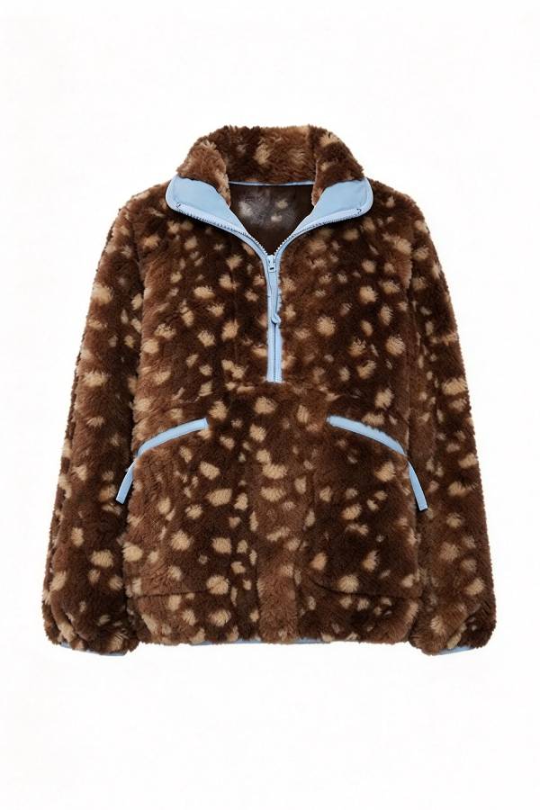 Bambi Print Color Block Trim High-Pile Fleece Zipper Half Neck Long Sleeve Pocket Sweatshirts