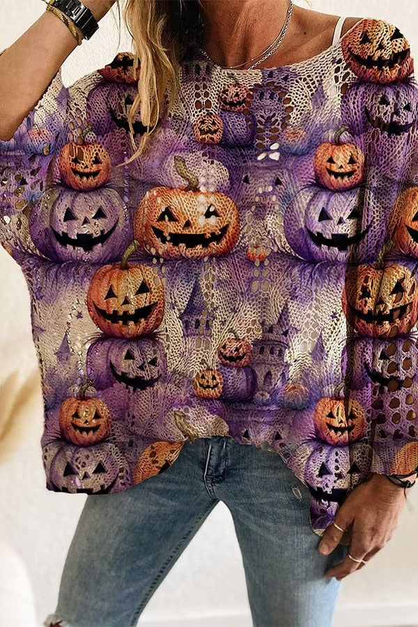 Halloween Pumpkin & Bat Hollow Out Knit Oversized Sweater
