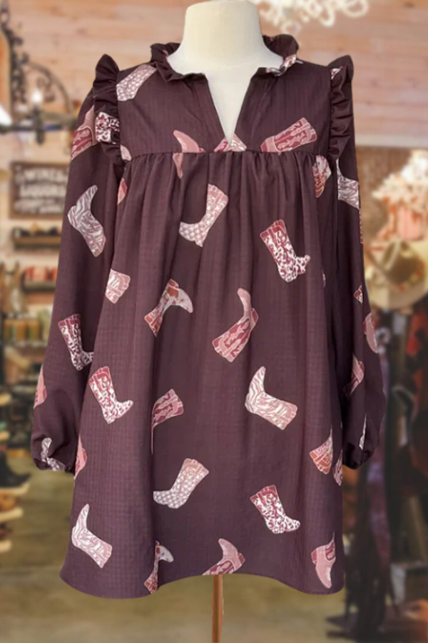 Vintage Cowboy Boots Print Long Sleeve Dress