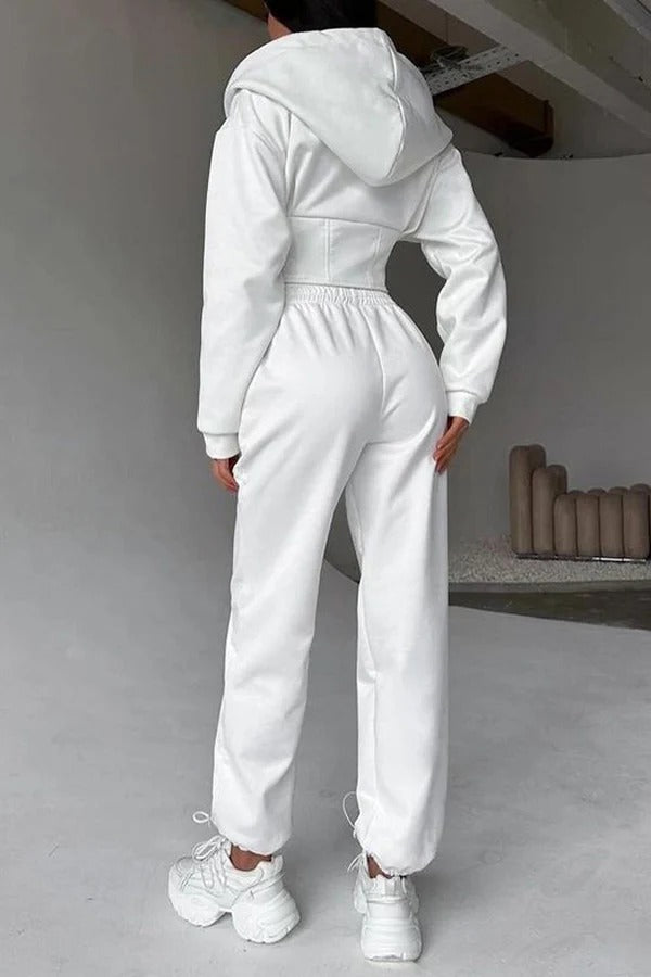 Solid Color Waist Corset Hooded Sweatshirt Jacket and Elastic Waist Athletic Jogger Pants Set