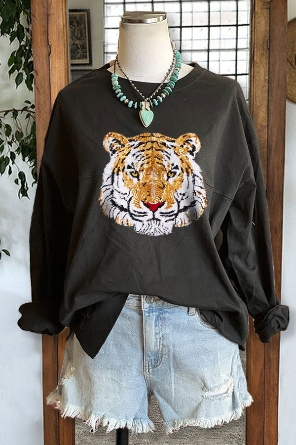 Tiger Sequin Casual Crew Neck Top