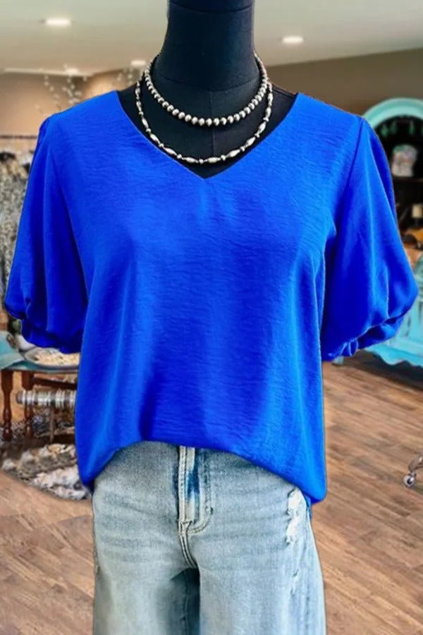 Solid V-Neck Bubble Sleeve Top