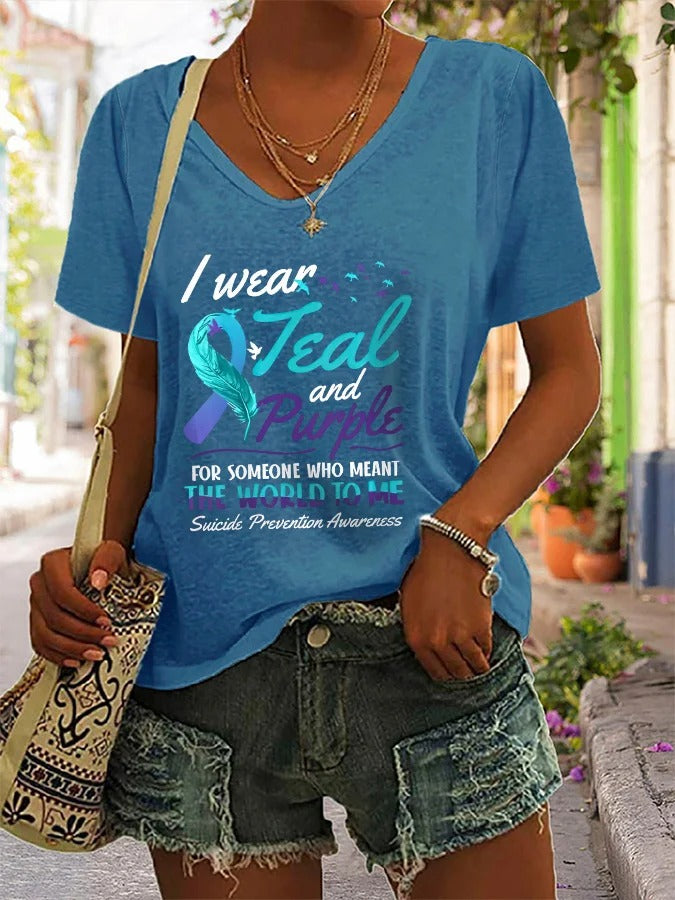 Women's V-Neck Suicide Prevention Awareness Print Casual T-Shirt