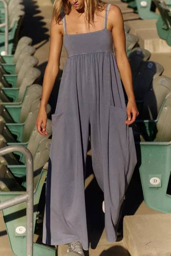 Washed Knit Spaghetti Strap Jumpsuit Square Neck Gathered Pocket Wide Leg Casual Romper