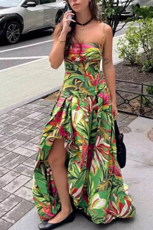 Tropical Leaf Print Cami Slit Flowy Vacation Maxi Dress
