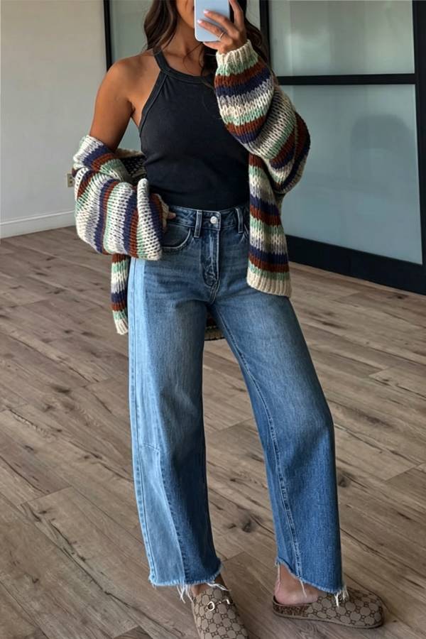 Olya Knit Colorful Stripes Long Balloon Sleeve Open Front Loose Cardigan