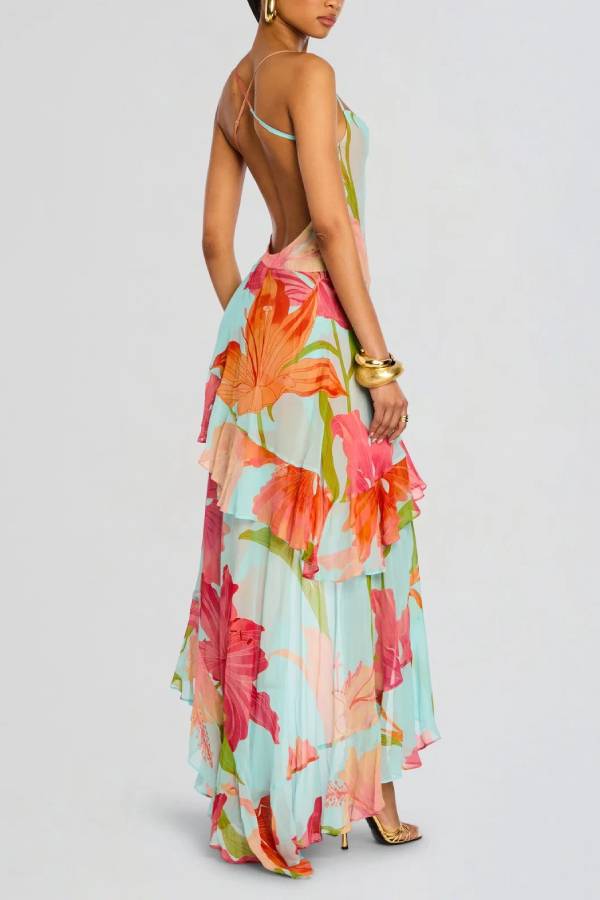 Vacation Floral Print Spaghetti Strap Backless Asymmetrical Ruffle Maxi Dress