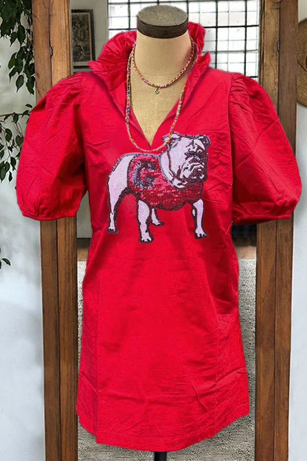 Bulldog Sequined V-neck Puff Sleeve Dress