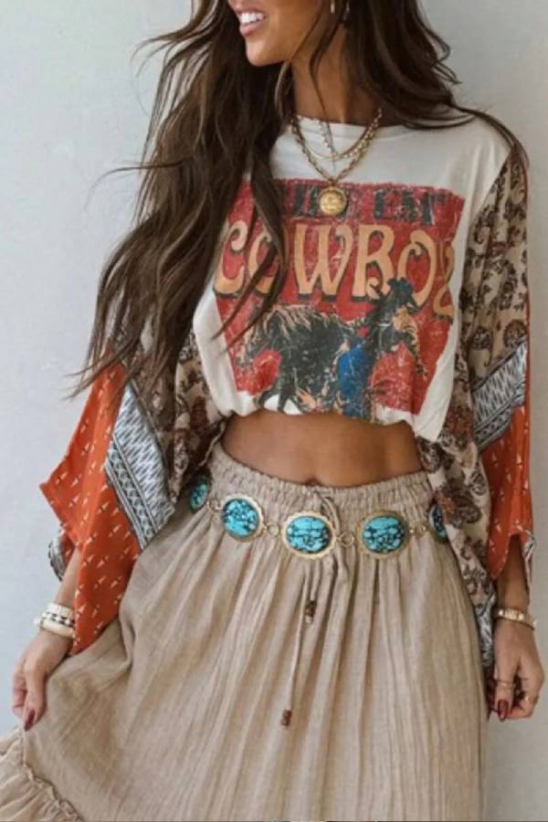 Western Cowboy Print Color‑Block Batwing Sleeve Crop Top