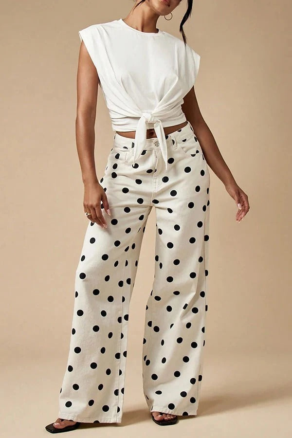 Retro Style Polka Dot Print High Waist Pocketed Wide Leg High Waisted Jeans