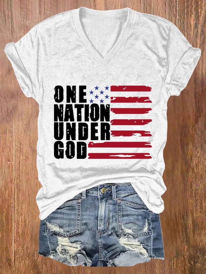 Women's One Nation Under God Print Casual V Neck T-shirt