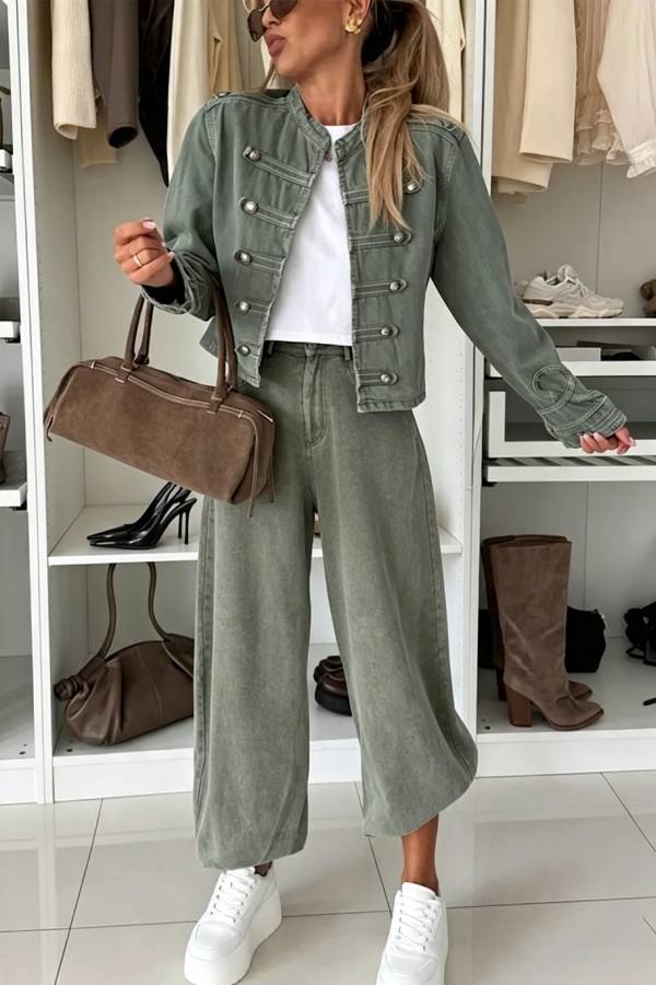 Chivalry Denim Antique Silver Button Ribbon Military Pattern Long Sleeve Jacket