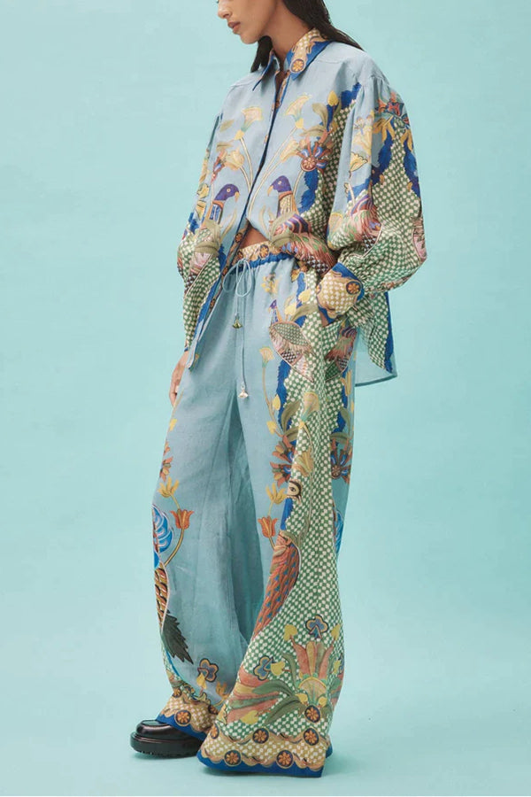 Sun Seeking Unique Heaven Bird Print Balloon Sleeve Button Loose Shirt
