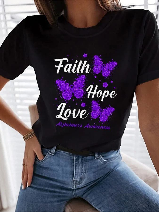 Women's Faith Hope Love Alzheimer's Awareness Butterfly Print T-Shirt