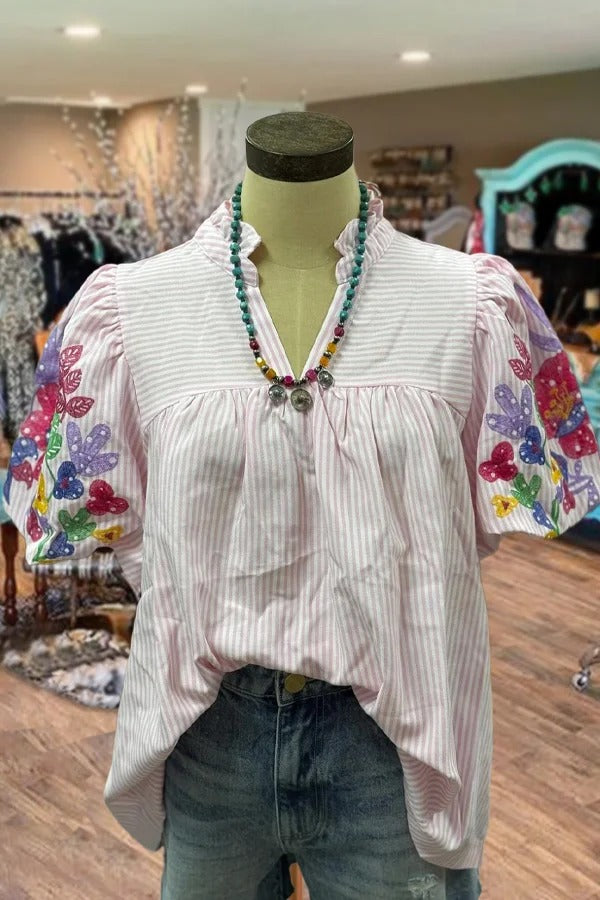 Striped V-Neck Floral Embroidered Puff Sleeve Top